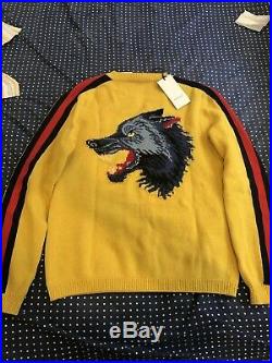 $1300 Mens Gucci Wool Sweater Blind For Love Wolf Yellow Medium 100% AUTHENTIC