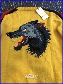 $1300 Mens Gucci Wool Sweater Blind For Love Wolf Yellow Medium 100% AUTHENTIC