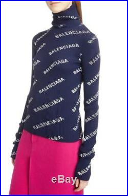 $1390 Balenciaga AUTH NEW Logo Printed Turtleneck Hood Top Ribbed Sweater M Navy