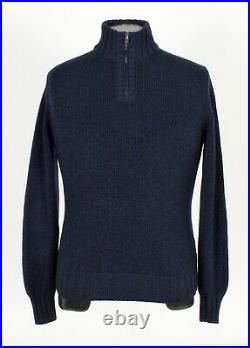 $1950 NWT LORO PIANA 100% BABY CASHMERE / SUEDE 1/2 Zip Sweater Blue 50 M
