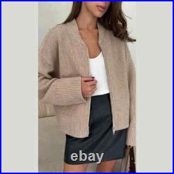 2024 Casual Knit Solid Women Cardigan ONeck Slim Full Sleeve Zipper Lady Sweater