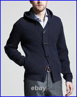$2750 BRUNELLO CUCINELLI 100% Cashmere Hooded Toggle Cardigan Sweater Navy 50 M