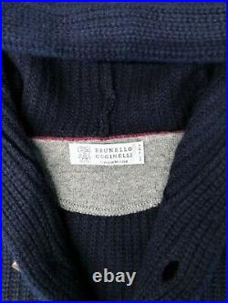 $2750 BRUNELLO CUCINELLI 100% Cashmere Hooded Toggle Cardigan Sweater Navy 50 M