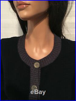 $3190 Auth. CHANEL'08A Cashmere Navy CC Crown Logo Buttons Cardigan Sweater 44