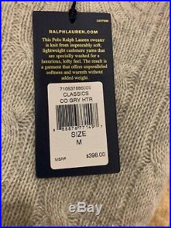 $398 POLO Ralph Lauren Cashmere Crew Neck Cable Knit Sweater Grey M Medium