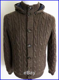$4555 BRUNELLO CUCINELLI Brown Thick Cashmere Down Hooded Bomber Sweater 50 Euro