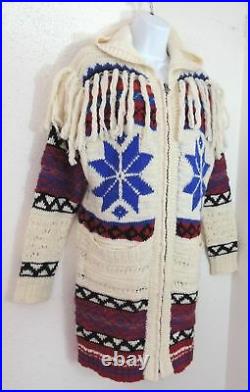 $998 Polo Ralph Lauren Indian Beacon Wool Alpaca Hooded Fringe Sweater Jacket L
