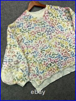 ANDTHEWAY Sweater Top Womens Medium/Large White Rainbow Leopard Animal Crew