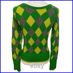 Alice + Olivia Argyle Cashmere Sweater Green Yellow Gray Medium Preppy Colorful