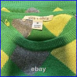 Alice + Olivia Argyle Cashmere Sweater Green Yellow Gray Medium Preppy Colorful