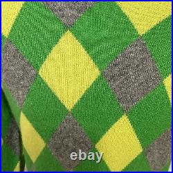 Alice + Olivia Argyle Cashmere Sweater Green Yellow Gray Medium Preppy Colorful