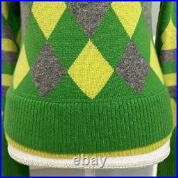 Alice + Olivia Argyle Cashmere Sweater Green Yellow Gray Medium Preppy Colorful