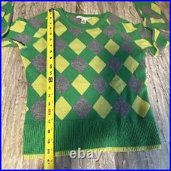 Alice + Olivia Argyle Cashmere Sweater Green Yellow Gray Medium Preppy Colorful