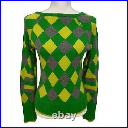 Alice + Olivia Argyle Cashmere Sweater Green Yellow Gray Medium Preppy Colorful