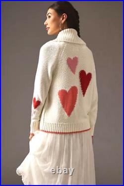 Anthropologie Heart Shawl Cardigan Sweater Love Piping Trim Cream Red Size M NEW