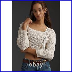 Anthropologie New Ivory Mixed Lace Cropped Pullover Sweater Size Medium