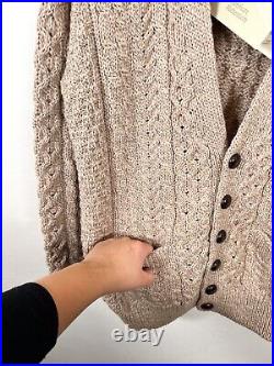 Aran Sweater Market Mens Cardigan Medium Merino Wool Beige Brown Jumper New