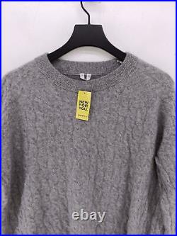 Arket Women's Jumper M Grey Geometric Cashmere with Wool Crew Neck Pullover