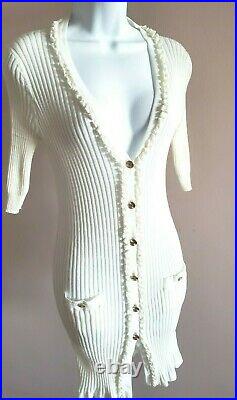 Auth 09p Chanel White Ruffled Ribbed Long Cardigan Sweater CC Gold Buttons 40