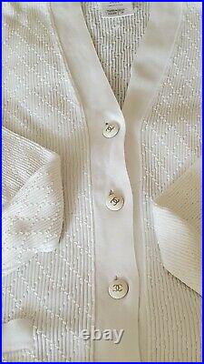 Authentic Chanel Quilted White Knit Cotton CC Buttons Long Cardigan Sweater 36