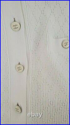 Authentic Chanel Quilted White Knit Cotton CC Buttons Long Cardigan Sweater 36