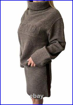 Authentic FENDI Vintage Logo High Neck Sweater Skirt Set #40 Wool Brown Rank AB