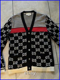 Authentic Gucci Embroidered Monogram Blue White Red Cardigan Gg Sz M Very Rare