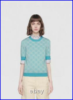 Authentic New Gucci Short Sleeve Sweater Large L Women's Blue GG Logo