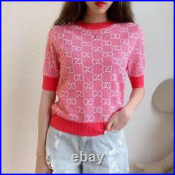 Authentic New Gucci Short Sleeve Sweater Women's Pink GG Logo Medium M