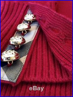 BURBERRY Cashmere Sweater Medium Red Gold Crested logo Buttons Plaid Accent $475