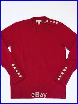 BURBERRY Cashmere Sweater Medium Red Gold Crested logo Buttons Plaid Accent $475