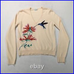 Ballantyne Women Cashmere Sweater Cream Sz M Floral w Hummingbird Handmade NWOT