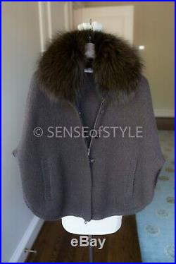 Brunello Cucinelli 100% Cashmere Fox Fur Poncho Sweater Brown Size M fits S M
