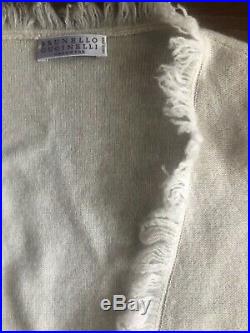 Brunello Cucinelli Cream Cashmere V-Neck Sweater With Fringe & Chain Detail, M