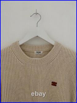CELINE Cream Crew Neck Sweater Jumper In'Triomphe' Rib Wool Size M