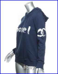 CHANEL Womens Navy Dark Blue Cotton White LOGO Hooded Sweatshirt Sweater M