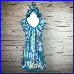 COOGI Womens Size Medium Blue Green Multicolor Sweater Short Dress with Hoodie
