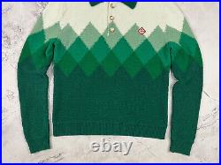 Casablanca Green Diamond-Jaquard Argyle Boucle Polo Sweater Knit Size Medium M