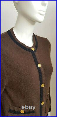 Chanel Brown Cashmere Black Striped Gold CC Logo Bag Buttons Long Knit Sweater