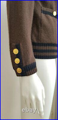 Chanel Brown Cashmere Black Striped Gold CC Logo Bag Buttons Long Knit Sweater