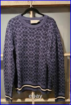 Coach Signature Crewneck Sweater CL703 Dark Blue Wool Medium Jacquard Logo