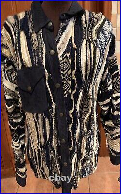 Coogi Sweater Men Medium Cardigan Jacket Lined Suede Pockets Vintage Rare 3D