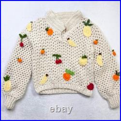 Crochet Knit Sweater Medium Ivory Fruitcore Grannycore Open Pullover Cottagecore