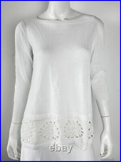 D Exteror Crochet Trim White Cotton Sweater Top Size Medium