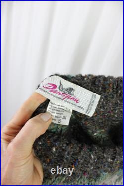 Danspun Women's Gray Purple Multi Print Wool Long Sleeve Pullover Sweater Medium