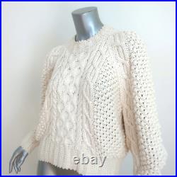 Doen Cable Knit Sweater Ivory Cotton Size Medium Puff Sleeve Pullover
