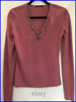 ELIE TAHARI 100% Cashmere Soft Knit Rose Pink Sweater Top M Bejeweled V Neck