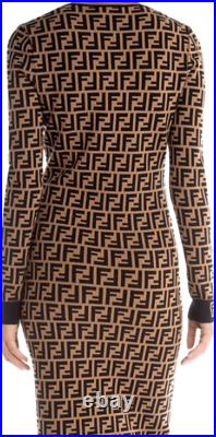 Fendi FF Logo Jacquard long sleeves Sweater mid-length Dress Black Brown size38