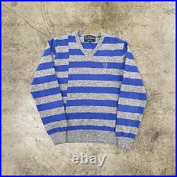 Fred Perry Comme Des Garçons V Neck Jumper Striped Sweater Blue Grey Mens Medium