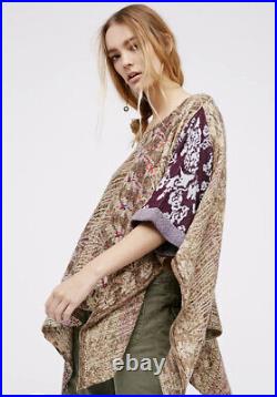 Free People Fessia Pullover Poncho Sweater Print Khaki Purple Vents Tan M/L NEW